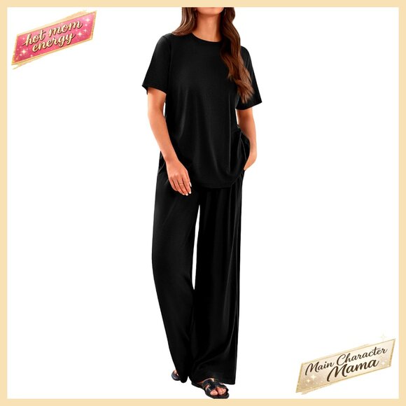 Short Sleeve Crewneck Lounge Set with Wide Leg Pants and Pockets